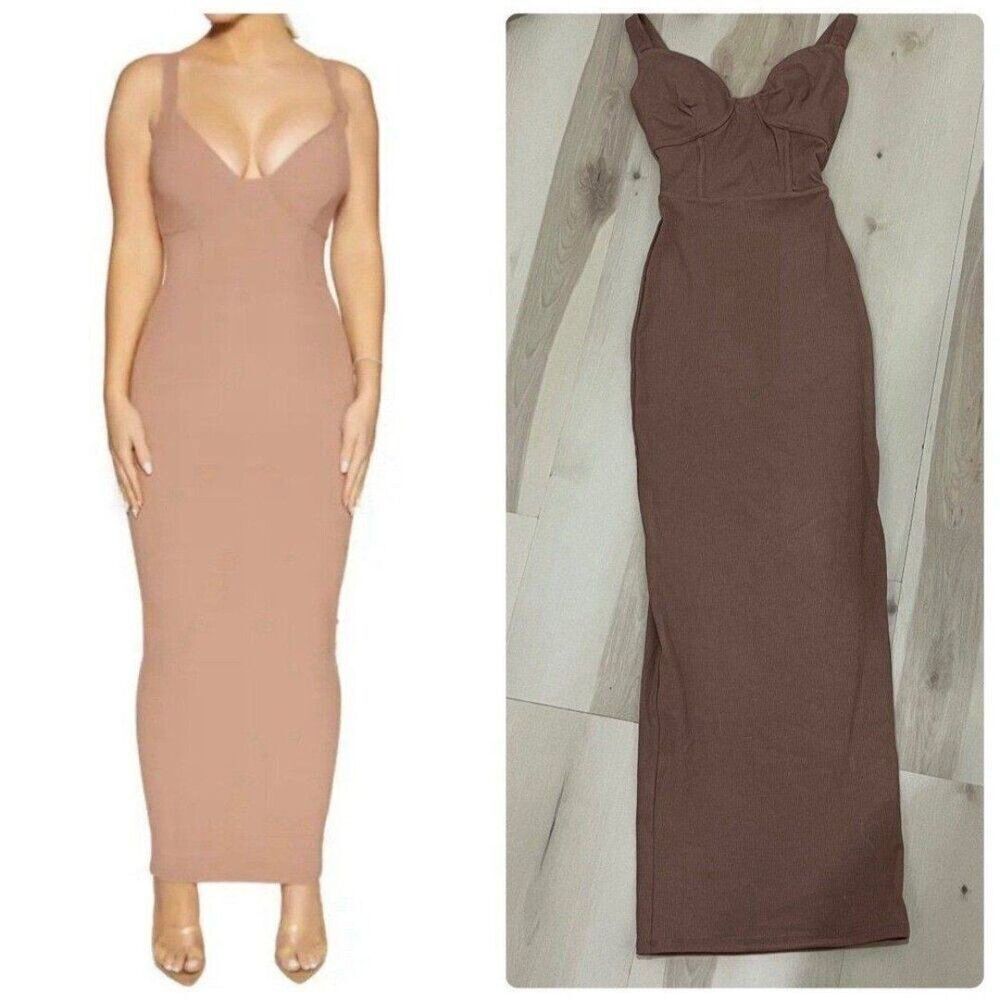 Naked Wardrobe NEW Women XS Brown Faux Bustier Ribbed Hourglass Bodycon Dress